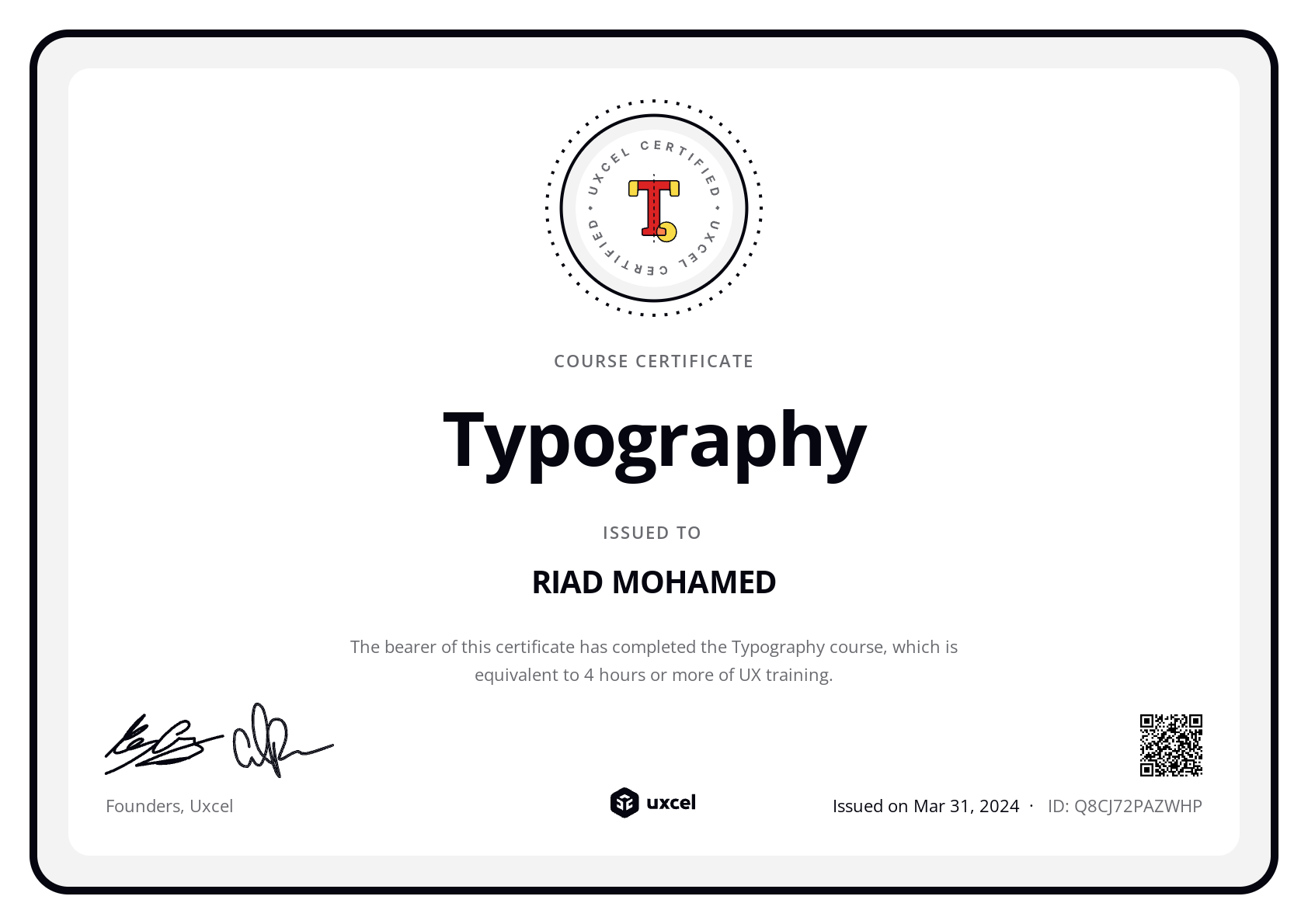 RIAD MOHAMED's certificate